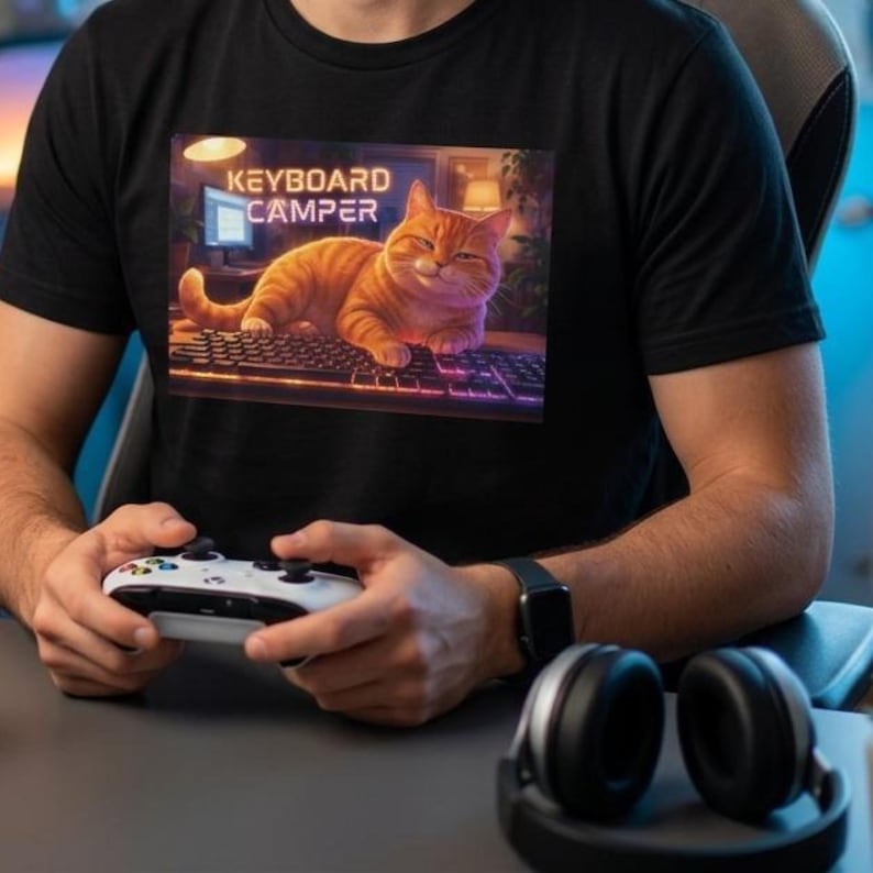 Illustrated cat lounging across a computer keyboard, paws stretched over the keys, with a contented expression. Funny cat lover graphic printed on a t-shirt. Worn by a gamer