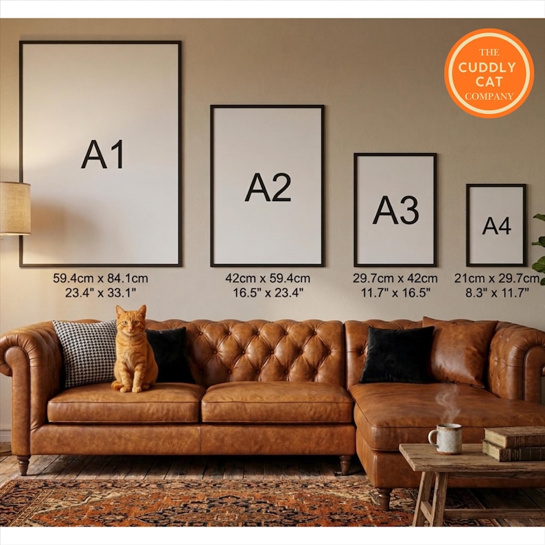 Size guide for cat humor wall art print by The Cuddly Cat Company