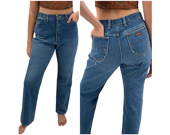 Vintage 70s Jeans Women's Wrangler High Waisted Light Wash Distressed Boot Cut Unique Pockets | Size 30" / Medium