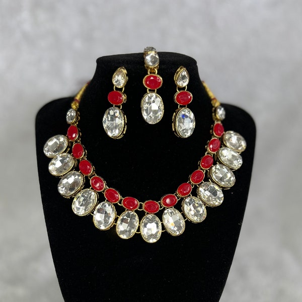 Indian Kundan Jewellery Sets with Tikkas in Red, Blue, Baby Pink and Silver