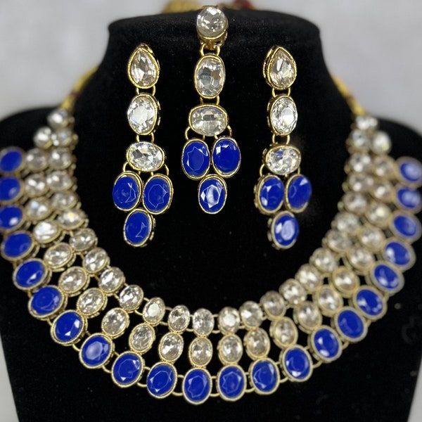 Indian Kundan Jewellery Sets with Tikkas in Blue and Baby Pink