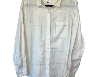 LOFT The Softened Long Sleeve Collared Button Down Ivory Silver Shirt