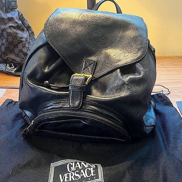 Authentic Vintage Gianni Versace Black Calf Leather Medusa Backpack