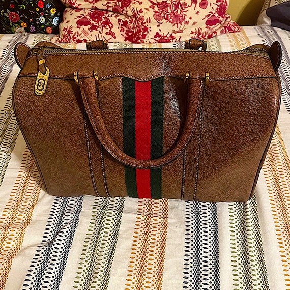Authentic Vintage Gucci Brown Leather Web Handbag