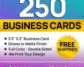 Ontvang 250 kleuren visitekaartjes met uw artwork, klaar om te printen - dubbelzijdig met glanzende of matte afwerking