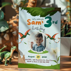 Dinosaur with Party Hat Invitation, Custom Face Photo Invite Dinosaur Birthday, Three Rex Bday Dino Party Invite Printable Digital Download