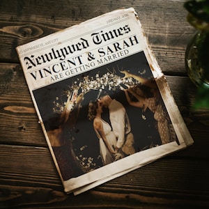 Plantilla de invitación de periódico de boda, club de periódico de bodas, programa de bodas, Newlywed Times, invitación de boda simple de periódico editable