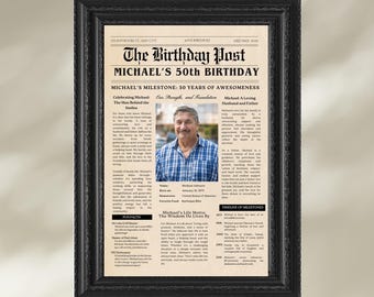 50th Birthday Newspaper Poster: 1975 Milestone Gift (Editable Canva Template)