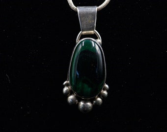 Dark Green Malachite Pendant and Sterling Silver Cable Chain. Signed by Geoff Cook, Copper Queen Bisbee