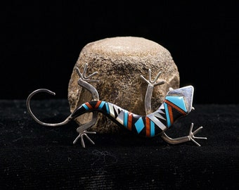 Vintage Navajo Sterling Silver and Multi-stone Inlay Gecko Brooch/Pin. Signed AC- Albert McCabe.