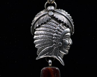 Vintage Bernice Begay Sterling Silver/Spiny Red Oyster Indian Chief Pendant