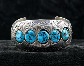 P Benally Sterling Silver and Sleeping Beauty With Black Matrix Turquoise Cuff