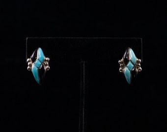 Vintage Native American Sterling Silver, Turquoise and Jet Stud Earrings. Signed.