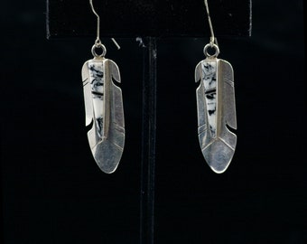 Vintage Sterling Silver and White Buffalo/Black Onyx Inlay Hoop Earrings- Signed YZ (Marilyn Yazzie)