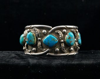 Vintage Native American Sterling Silver, Turquoise Cuff. Hallmark Broken Arrow and C.