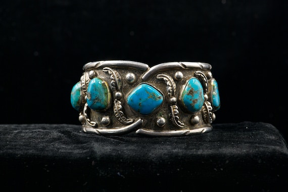 Vintage Native American Sterling Silver, Turquoise Cuff. Hallmark Broken Arrow and C.