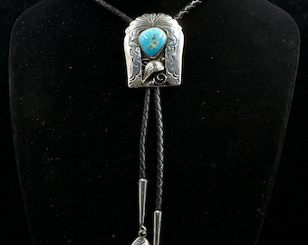 Vintage Native American Sterling Silver and Turquoise Bolo Tie- Signed Olson, RH