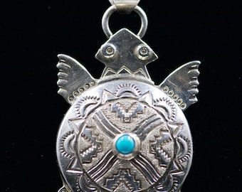 Sterling Silver Turtle Pendant With Sleeping Beauty Turquoise Signed Alonzo Mariano.