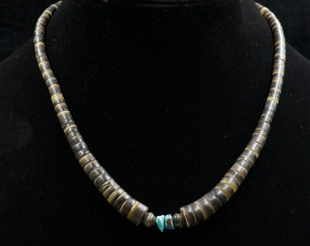 Vintage Santo Domingo Heishi Sterling Silver, Turquoise, Tortoise Shell Necklace