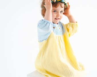 Embroidery muslin dress, girl's muslin dress, vyshyvanka dress for kids, girl's dress flowers, natural muslin dress for girl yellow/blue