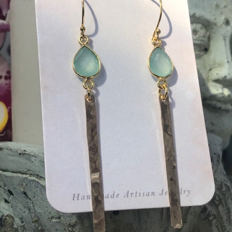 Sea Breeze Aqua Chalcedony Bar Earrings in 14k Gold Fill R5