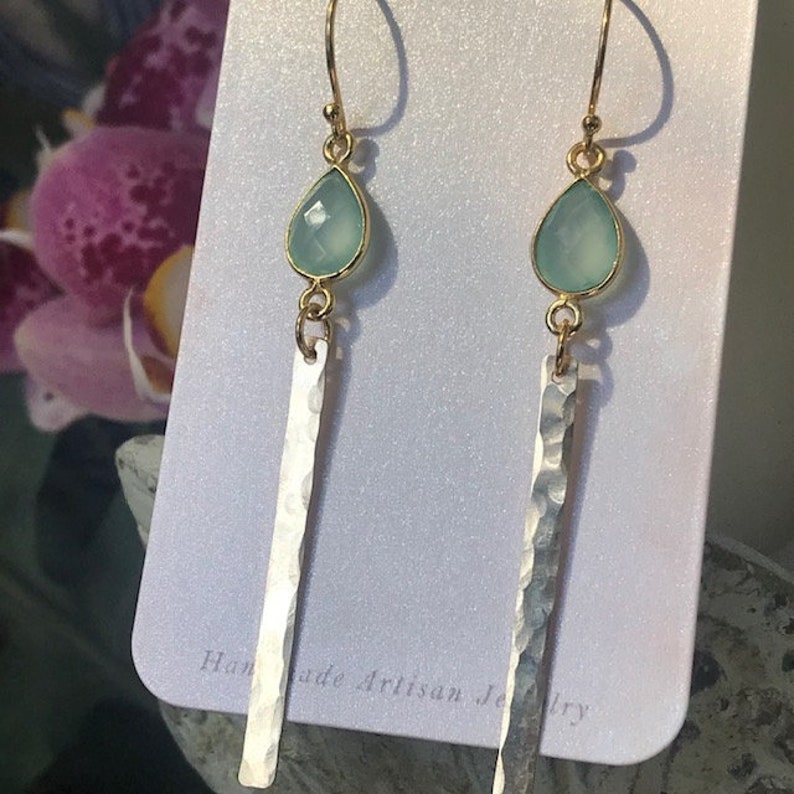 Sea Breeze Aqua Chalcedony Bar Earrings in 14k Gold Fill R5