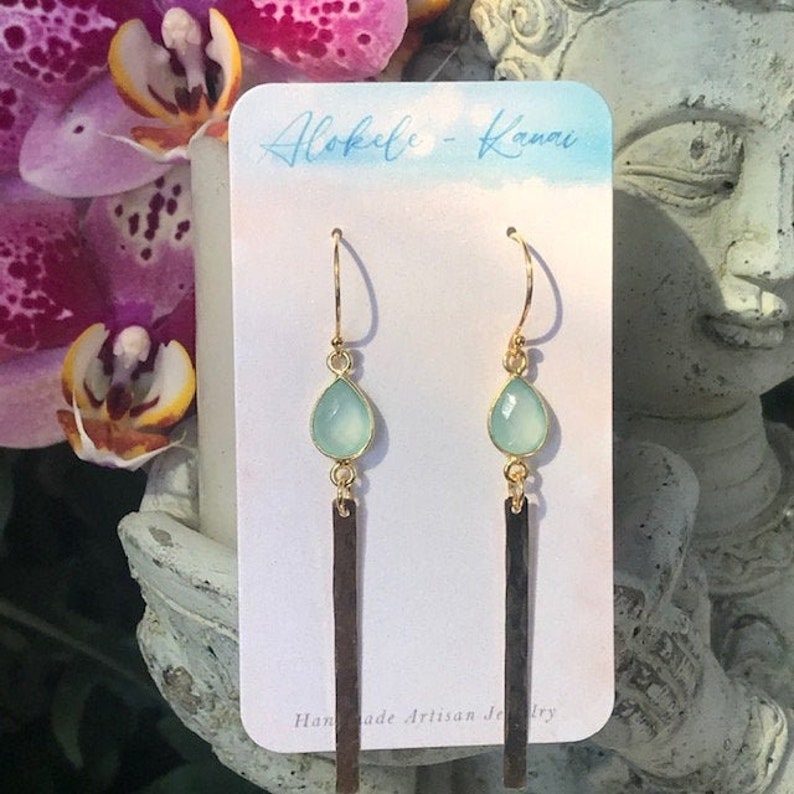 Sea Breeze Aqua Chalcedony Bar Earrings in 14k Gold Fill R5
