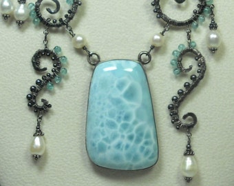 Necklace, Polished Larimar, wrapped in Silver Wire, Apatite, fresh water pearls.