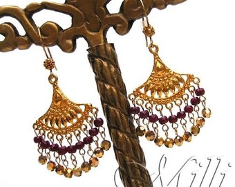 Genuine Ruby, 18k and 14k Vermeil Gold and Swarovski Crystal Aurum 2x Chandelier Earrings.