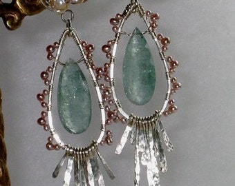 Big Moss Aquamarine, Silver and Fresh Water Pearls Earrings by Milli March Birthstone