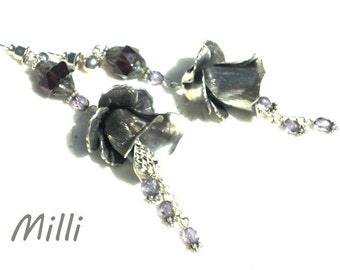 Double Flowers Earrings, Sterling Silver and Silver Plated with amethyst glass FREE SHIPPING