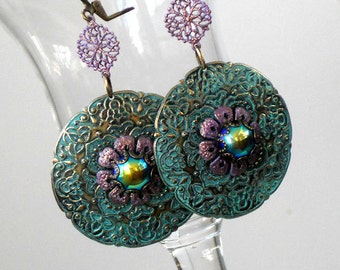 Milli Double Sided Antique Gold Verdegris Patina Mandala Dangly Earrings