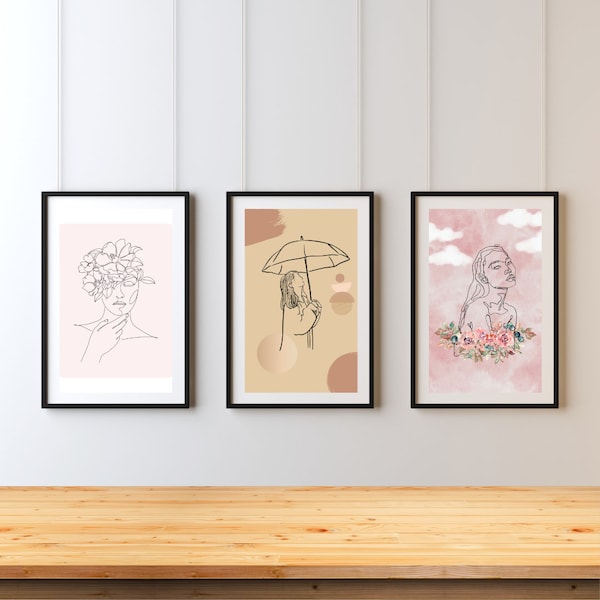 Women Line Art Prints Set Of 4 | Floral Women Line Arts | Feminist Wall | Flower Head Art| Cute Wall Art For Living room Decor| Pdf Download