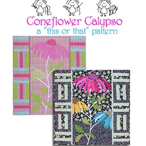May include: A quilting pattern for a Coneflower Calypso quilt. The pattern includes a full-size applique diagram and directions for fusible machine applique. The finished quilt measures 31 inches by 33 inches. The pattern is by thistledown & co. and is pattern #737.