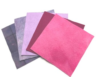 Five 6” squares of felted wool for appliqué - assorted pinks/ purples