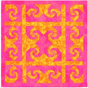May include: A quilt with a geometric pattern of pink and yellow squares. The squares are made up of smaller squares that are arranged in a spiral pattern.