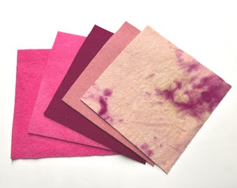 Five 6” squares of felted wool for appliqué- assorted pinks