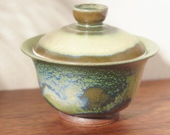 Moss Horizon Gaiwan | Kiln-Transformed Porcelain | Handmade Lidded Tea Bowl, No Two Alike