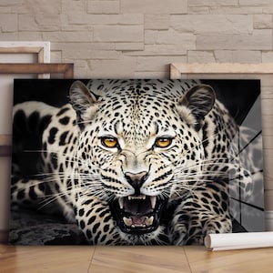 White Leopard Tempered Glass Wall Art | Animal Wall Art | Wildlife Wall Art | Luxury Wall Art | Modern Wall Decor | Glass Wall Decor