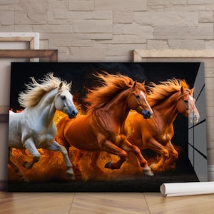 3 Horses in Flames Tempered Glass Wall Art | Animal Wall Art | Wildlife Wall Art | Luxury Wall Art | Modern Wall Decor | Glass Wall Decor