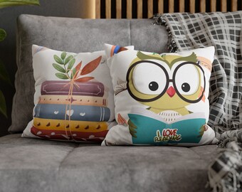 Owl Reading Books Cushion Cover