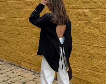 Oversized Linen Button-Down Shirt: Casual Boho Tunic Top