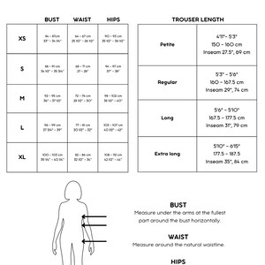 May include: Size chart for women's clothing with measurements in inches and centimeters. The chart includes bust, waist, hips, and trouser length measurements for sizes XS, S, M, L, and XL. The chart also includes inseam measurements for petite, regular, long, and extra long trouser lengths.