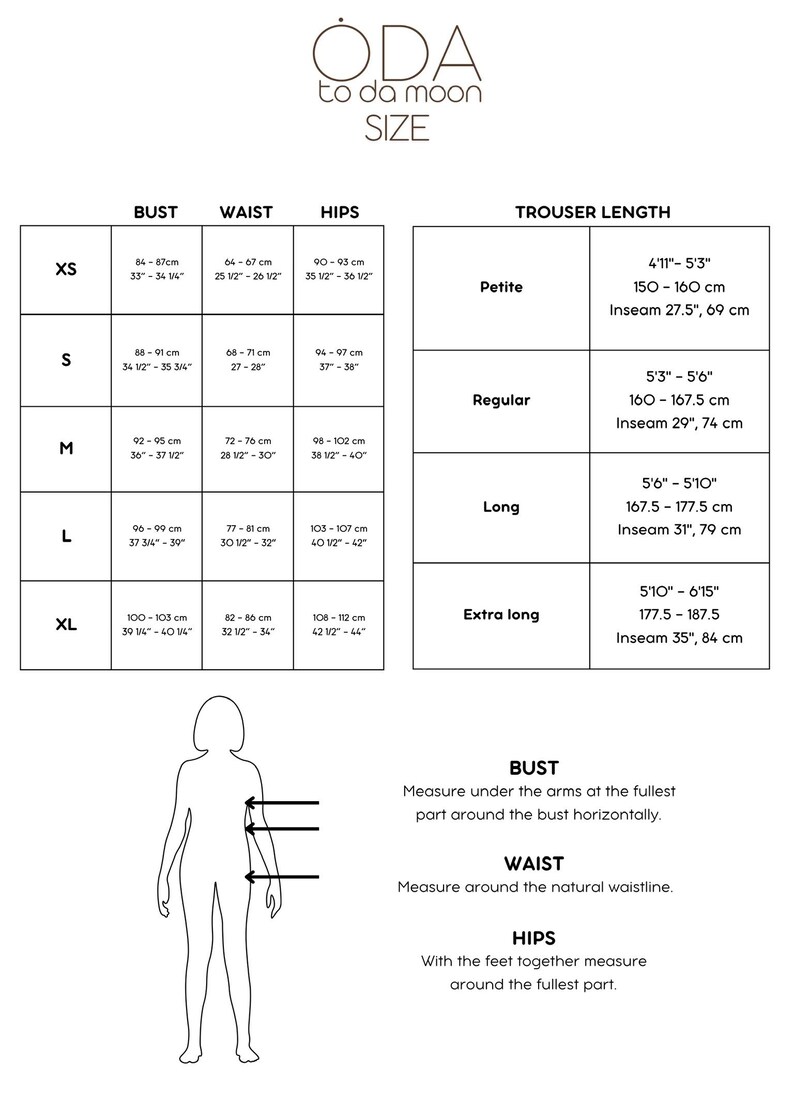 May include: Size chart for women's clothing with measurements in inches and centimeters. The chart includes bust, waist, hips, and trouser length measurements for sizes XS, S, M, L, and XL. The chart also includes inseam measurements for petite, regular, long, and extra long trouser lengths.