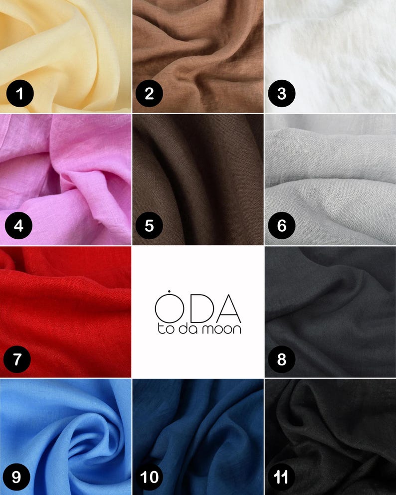 May include: Eleven fabric swatches in a range of colours are displayed. The colours include pale yellow, brown, white, pink, dark brown, light grey, red, black, blue, dark blue, and black. The logo "ODA to da moon" is also visible.
