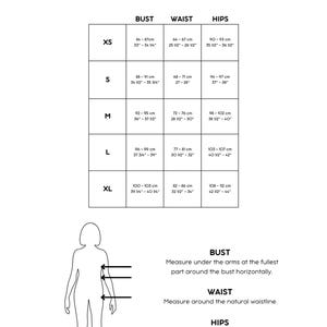May include: A size chart from "Oda to da moon" with bust, waist, and hip measurements in centimetres and inches. Sizes range from XS to XL. A diagram illustrates how to measure bust, waist, and hips.