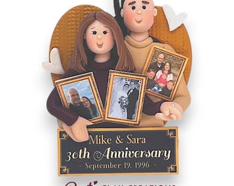 May include: A polymer clay ornament featuring a couple holding three framed photographs. The base is a textured mustard-coloured heart with white hearts. A black plaque reads: Mike & Sara, 30th Anniversary, September 19, 1996. A black string is attached for hanging.