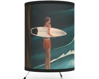 Surf's Up: Young Boy Riding the Waves Tripod Lamp with Printed Shade