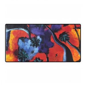 Golden State Horizon: California Sunset Desk Mat with Plane and Palm Trees