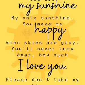 You Are My Sunshine Song Lyrics Poster for Baby Nursery/children's Room